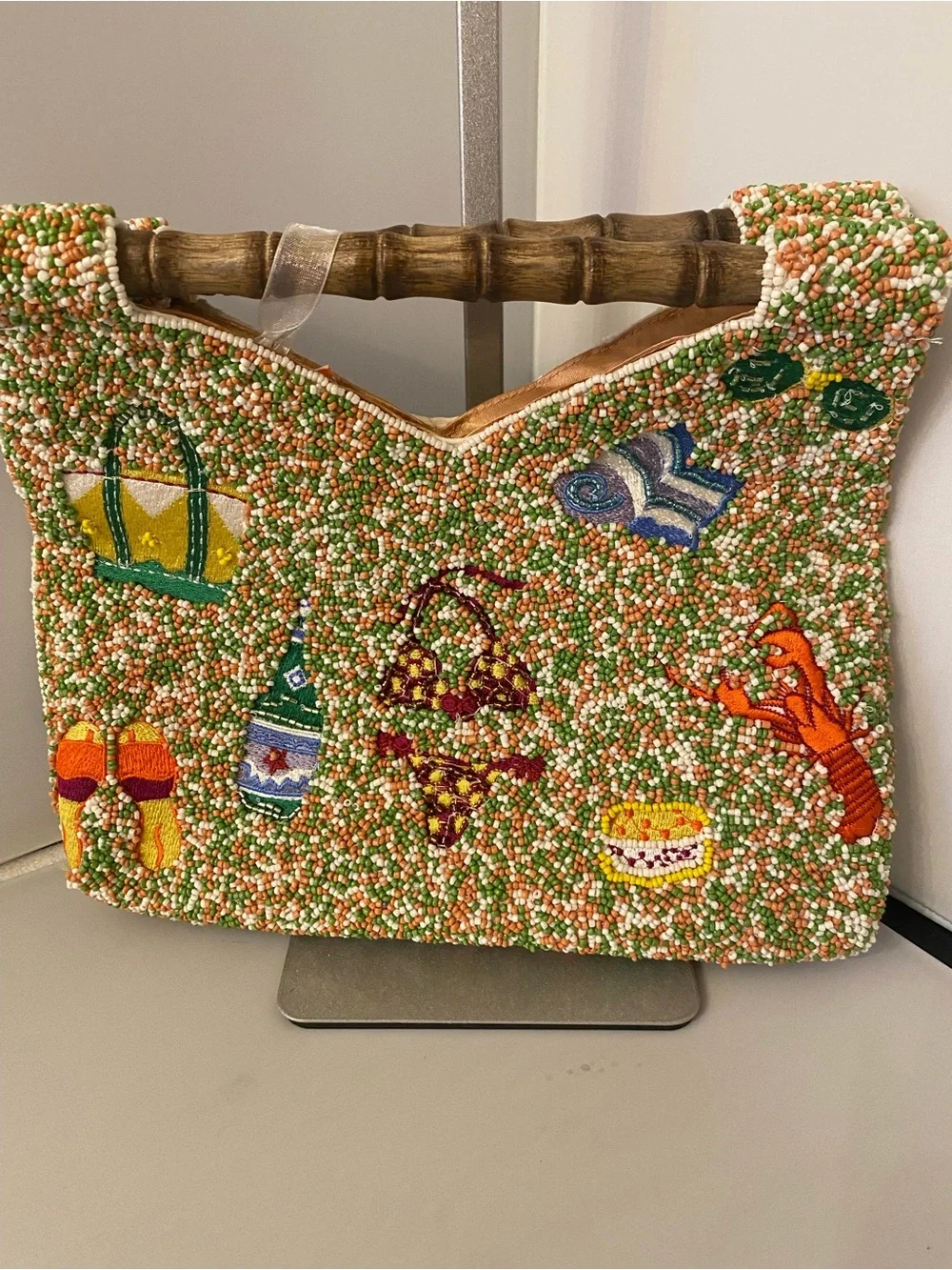 NWT Beaded Island-Vacation Summer Themed Satchel with Bamboo Handle -